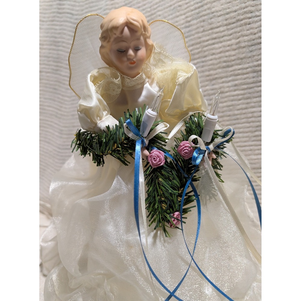 Vintage Angel Tree Topper Lighted Porcelain Head Ruffled Skirt Christmas Decor